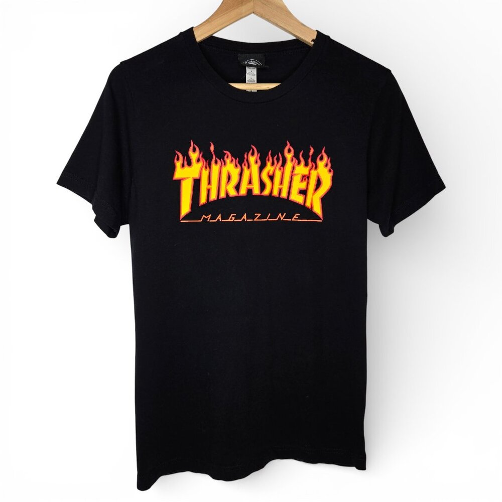 Thrasher Magazine Black Flame Letter Skater Short Sleeve Shirt M